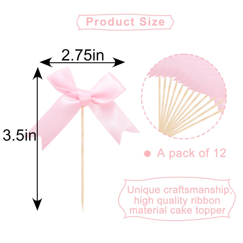 Rweseo Pink Bow Cupcake Toppers - Pink Bow Cake Topper Pink Bow Birthday Decorations Coquette Themed Party Decoration Bridal Shower Bachelorette Cake Toppers - Image 2
